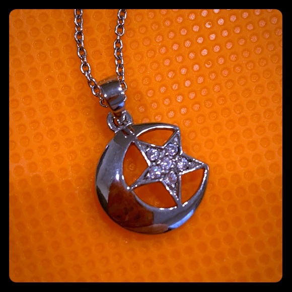 Silver Crescent Moon Star Necklace - Picture 2 of 5